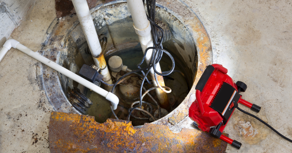 repairing a sump pump in a abasement with a red LEF light illuminating the pit and pipe work for draining ground water
