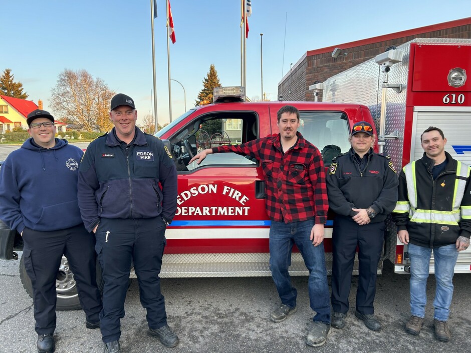( left to right - FF Jared Fontaine, Fire Chief Brad Milton, FF Rylan Havlin, LT Kyle Holte, FF Marc Girouard)