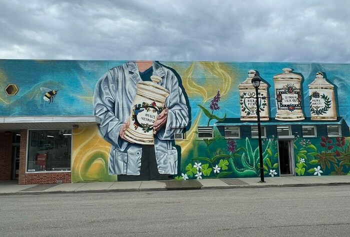 Colourful mural on pharmacy building